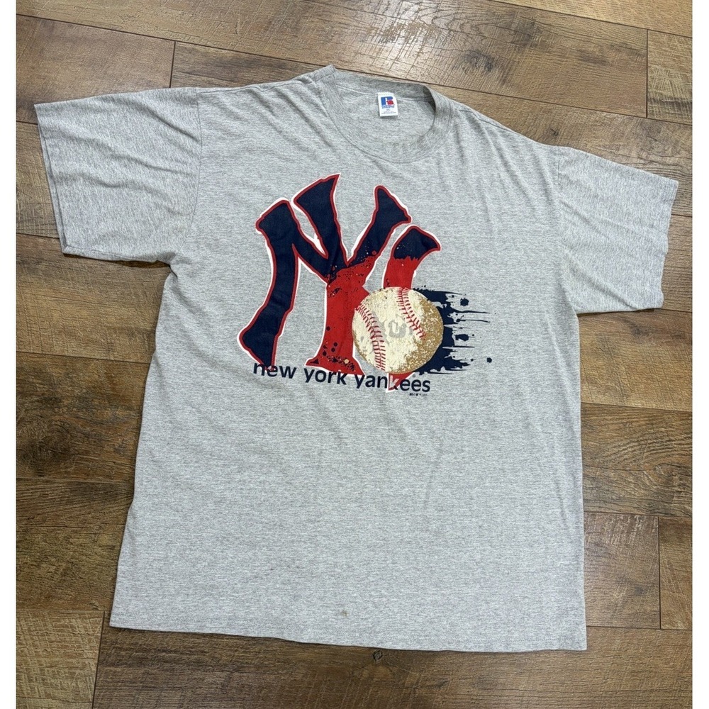 Vintage‎ 1995 New York Yankees Big Graphic Tee Made In USA Grey XL 90s Russell